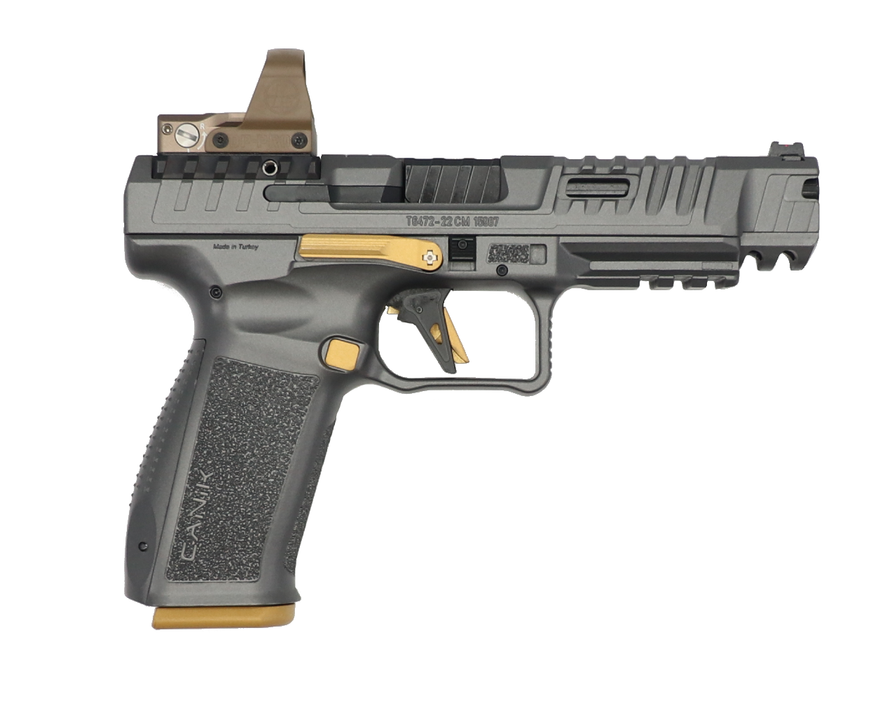 SFx Rival Canik Grey Semi-Auto 9mm Pistol, 5" Barrel, 2-18 Round Mags, Acc Pkg New W / Leupold DeltaPoint Pro Model 181106 FDE Reflex Sight Installed