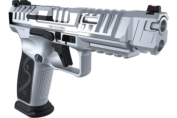 Canik SFx RIVAL-S 9mm Semi-Auto Pistol, 5"Bbl, Optic Ready, Dark Side Steel Frame, Fiber Optic Sights, Acc Rail, Flat Trigger, W/ 2-18 Rd Mags,Chrome