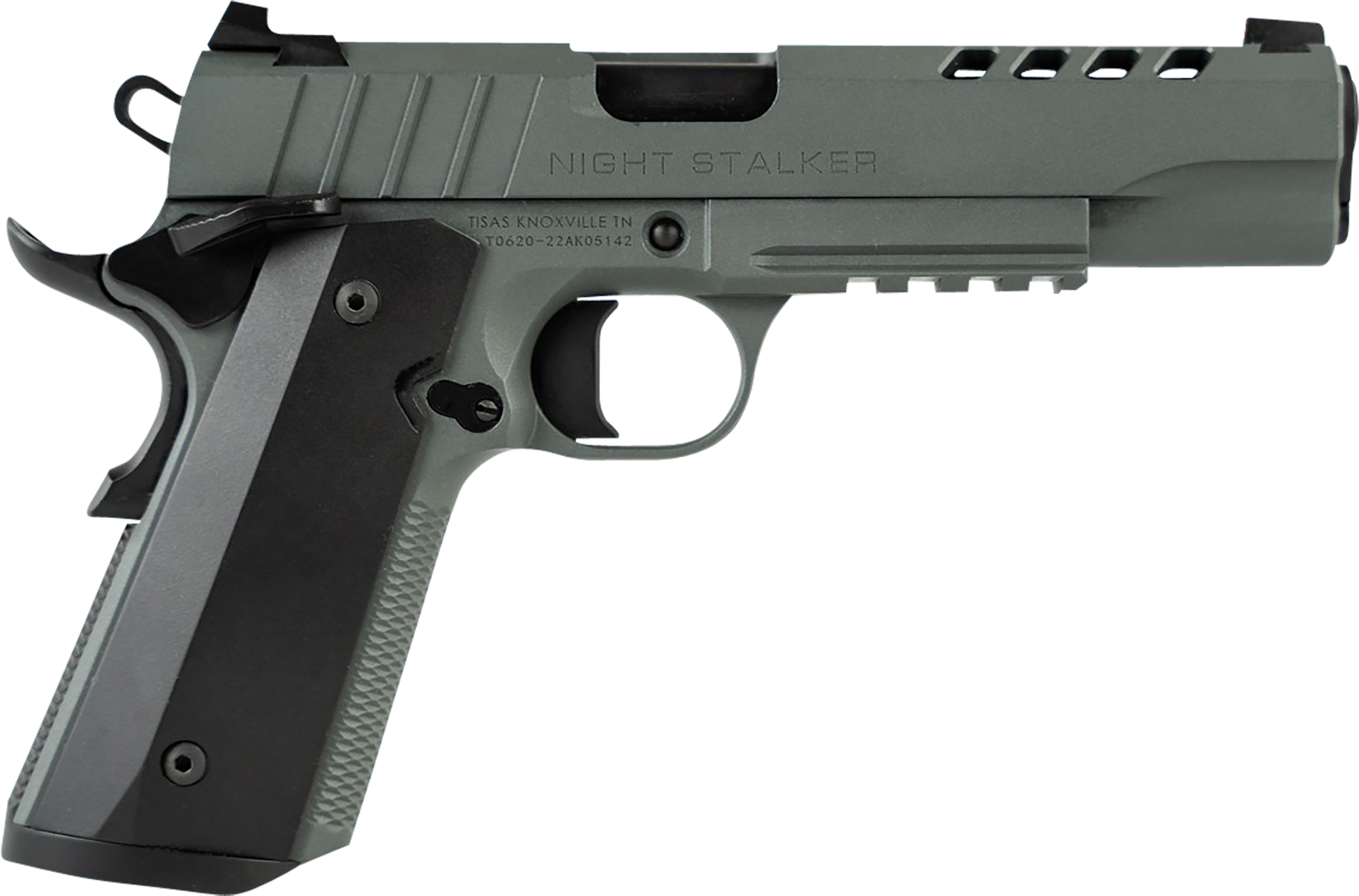 Tisas 1911 Night Stalker Full Size 8+1 .45ACP Semi-Auto Pistol, 5" BBL, Platinum Grey Cerakote Ported/Serrated Slide W /Rail & Beavertail