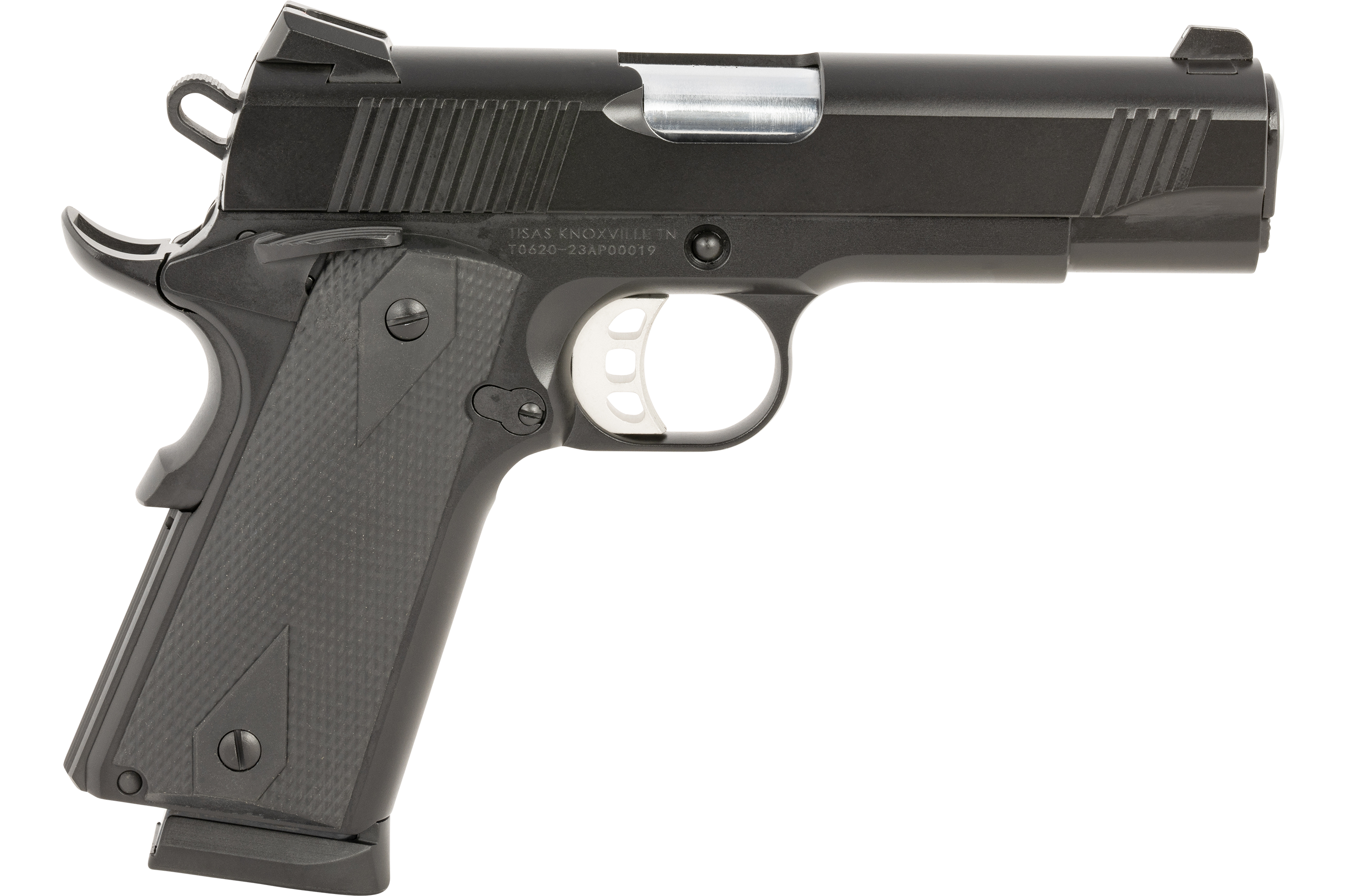 Tisas 1911 Carry B45 Compact 8+1, 4.25" Barrel, Black Cerakote Serrated Slide, Steel Frame, 2-Mags, Novak Style Sights, Enhanced Features,Rubber Grips