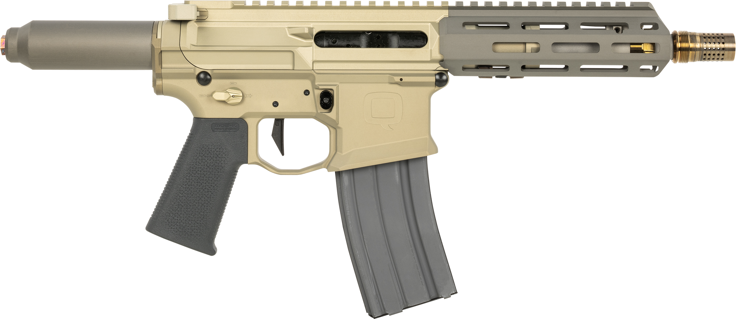 Q LLC HB300BLK7PISTOLNB Honey Badger 30+1 7" Black Barrel, Flat Dark Earth Receiver, Black Straight Buffer Tube, Black Polymer Grips Right Hand