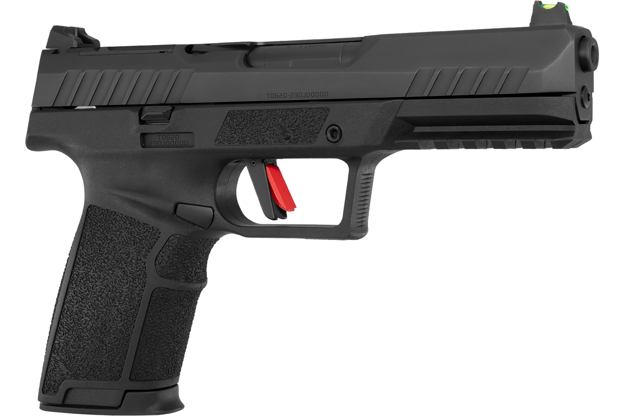Tisas PX-5.7 Semi-Automatic 5.7x28mm Pistol, Picatinny Rail & Interchangeable Backstraps - 4.80" Barrel - 20+1 Capacity, Fiber Optic, Optics Ready, Black