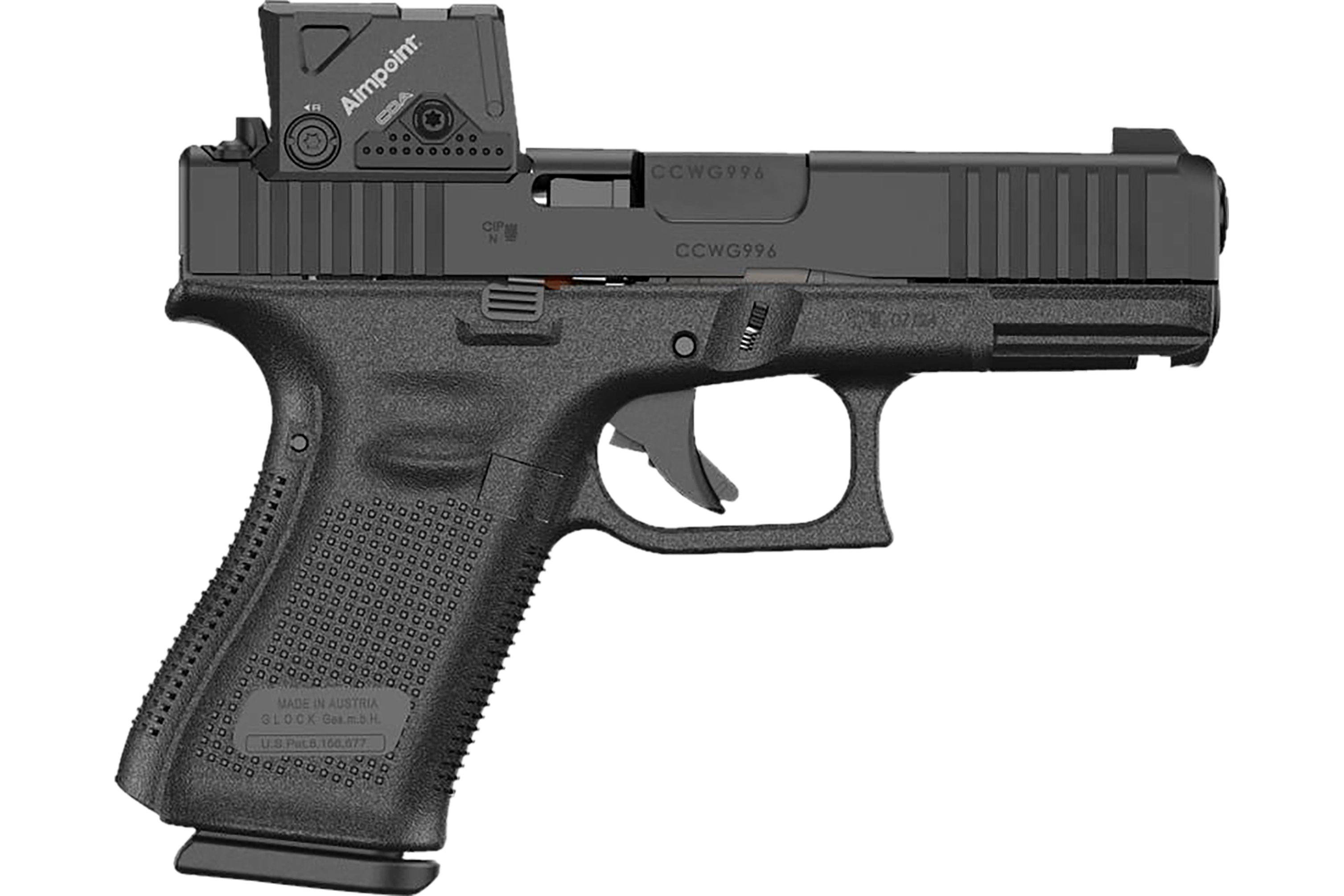 Glock 19 Gen 5, Semi-Automatic 9mm Pistol, COA Aimpoint Optic, Front Serrations, Flared Magwell, Ambidextrous Slide Release, 10+1, 4.02" Barrel, Black