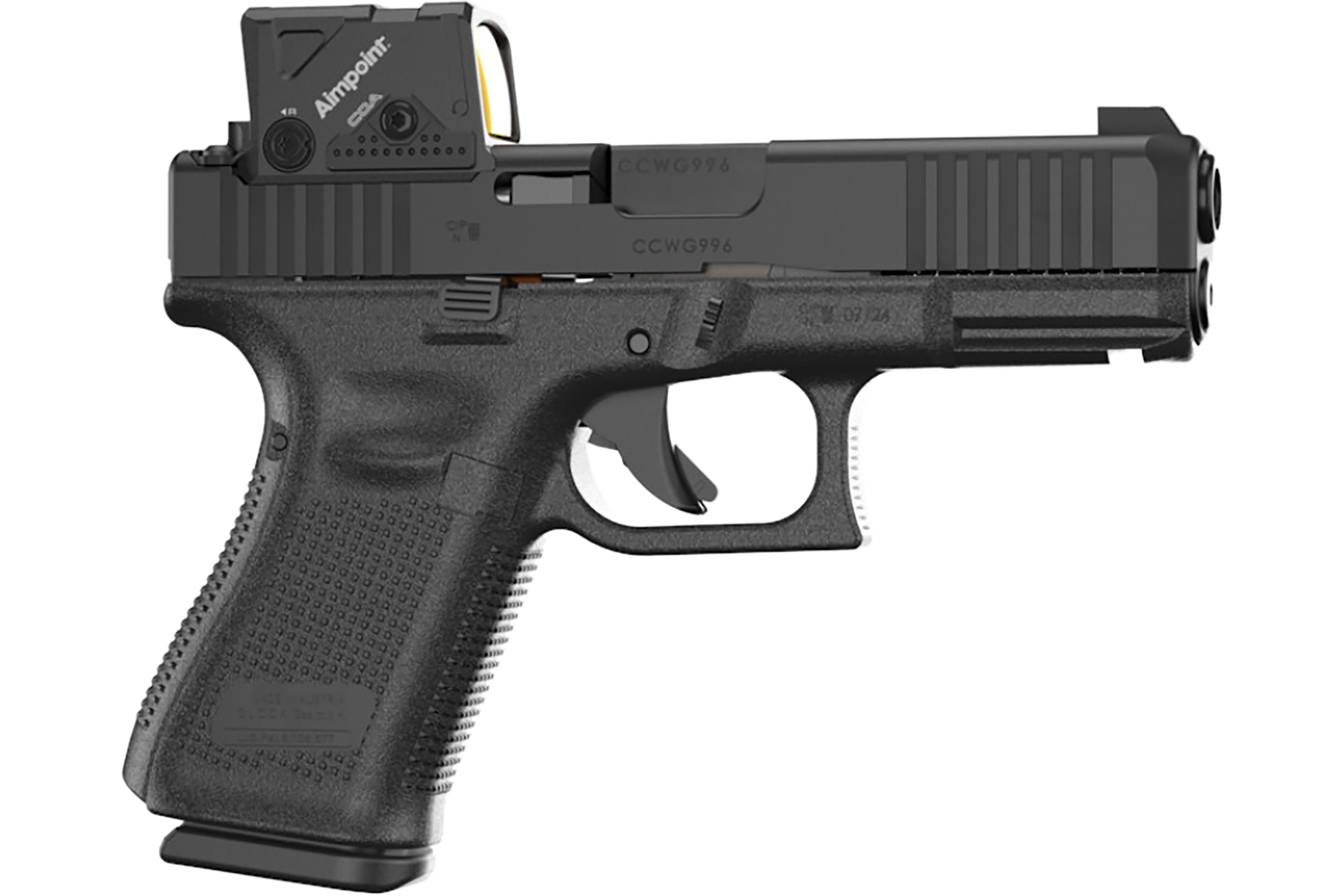 Glock G19 Gen 5, Aimpoint COA Optic, (3) 15 Round Magazines, 4.02" Barrel, Ambidextrous Slide Release, Front Slide Serrations, Flared Magwell, PA195SB03MOS8A3
