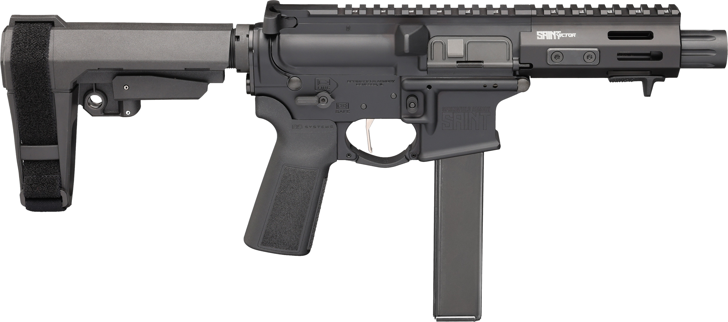 Springfield Saint Victor, 9mm, Semi Auto AR-15 Pistol, 5.5" Barrel, MLOK Handguard, SBA3, B5 Systems Pistol Grip, 32rd Colt Magazine - STV95509B