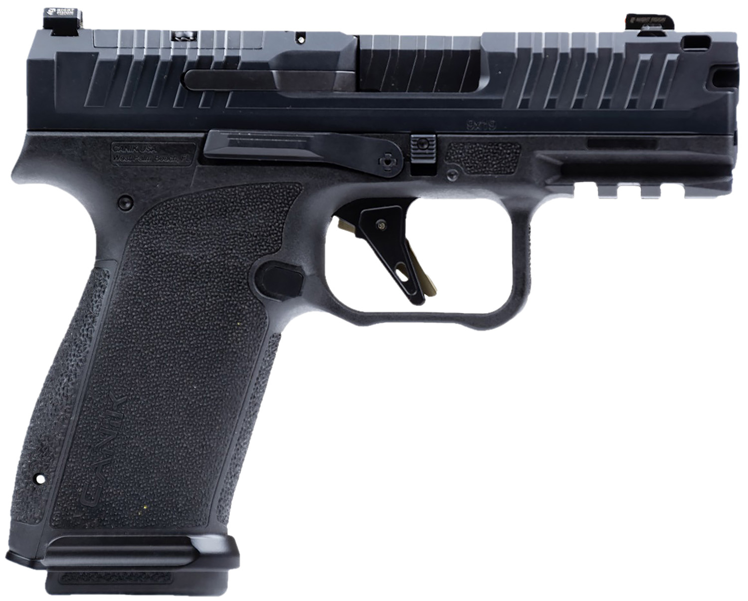 Canik HG8328-N Mete MC9 Prime, Compensated Slide with 3.64" Ported Barrel, Optic Ready, 2-17 Rd Magazines, Holster, Night Fision Night Sights, Black