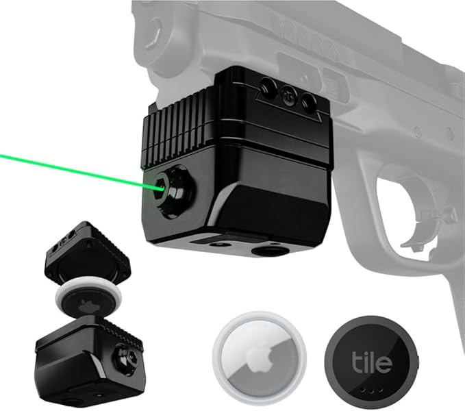 GunTag GT-7 Laser Sight, Air Tag/Tile Sticker Tracking Device, <5mw Green Laser, Universal Picatinny Rail, Ambidextrous, Rechargeable Battery, Black