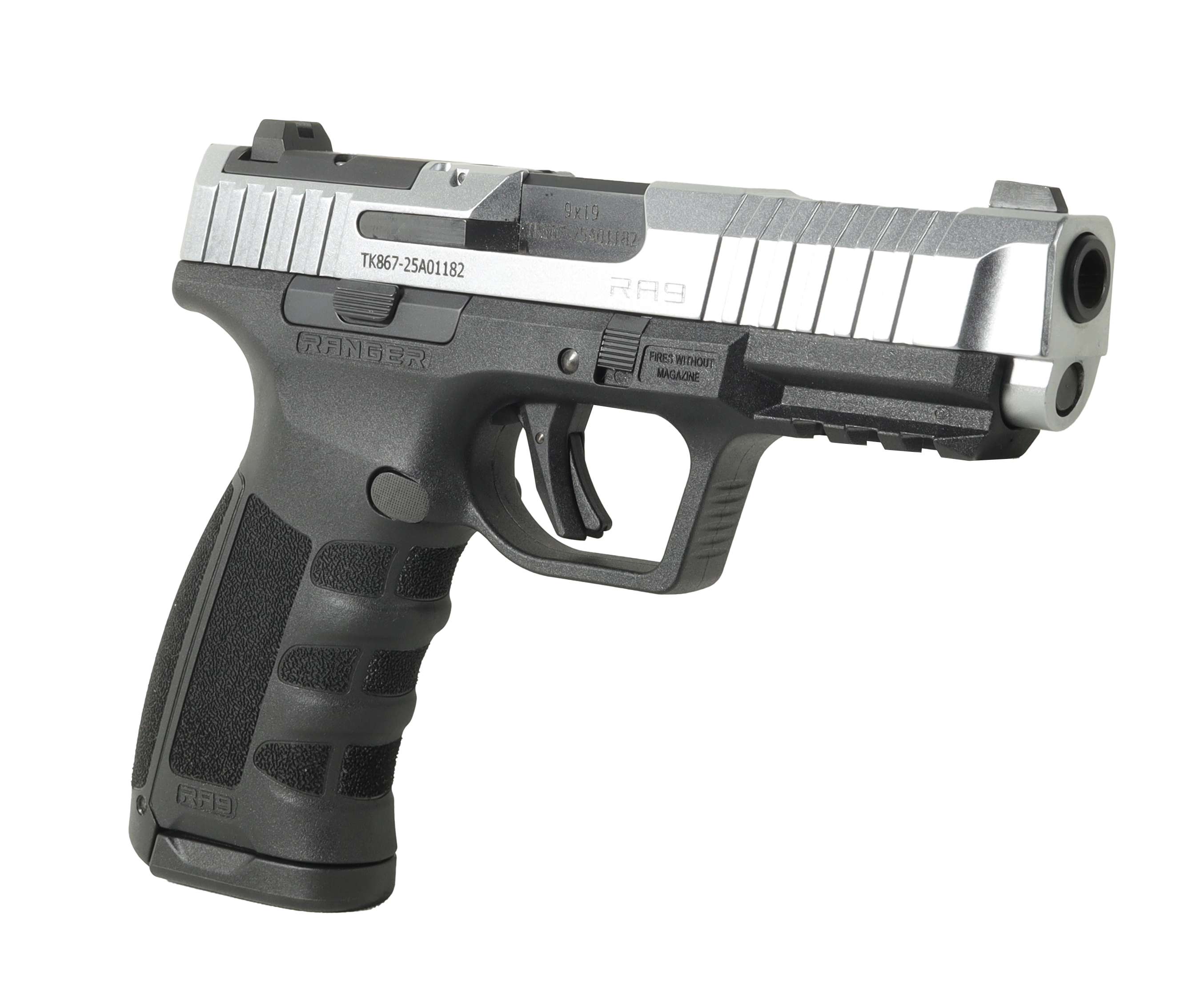 Ranger Arms RA9 Defence02, Semi-Automatic 9mm Pistol, Striker Fired, 4" Barrel, CZ75 Magazine Compatible, 17rd Magazine,Silver Slide w/ Black Frame