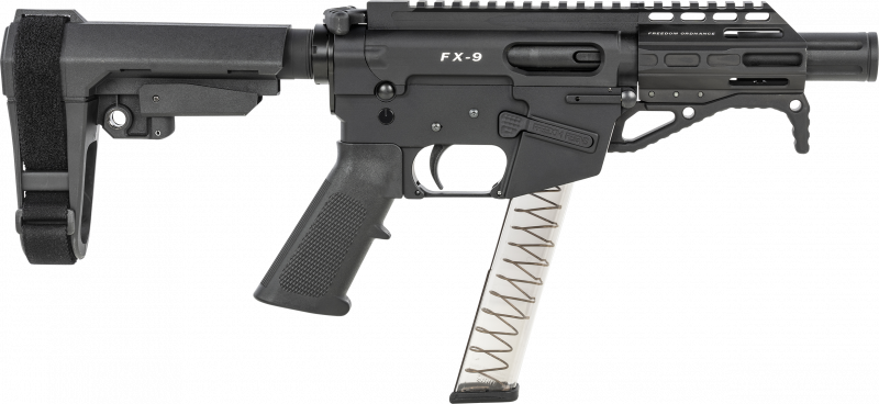 Freedom Ordnance FX9P4S FX-9 9mm Luger 4" 31+1 Black Hard Coat Anodized Rec Black SBA3 Pistol Brace Stock Black Polymer Grip