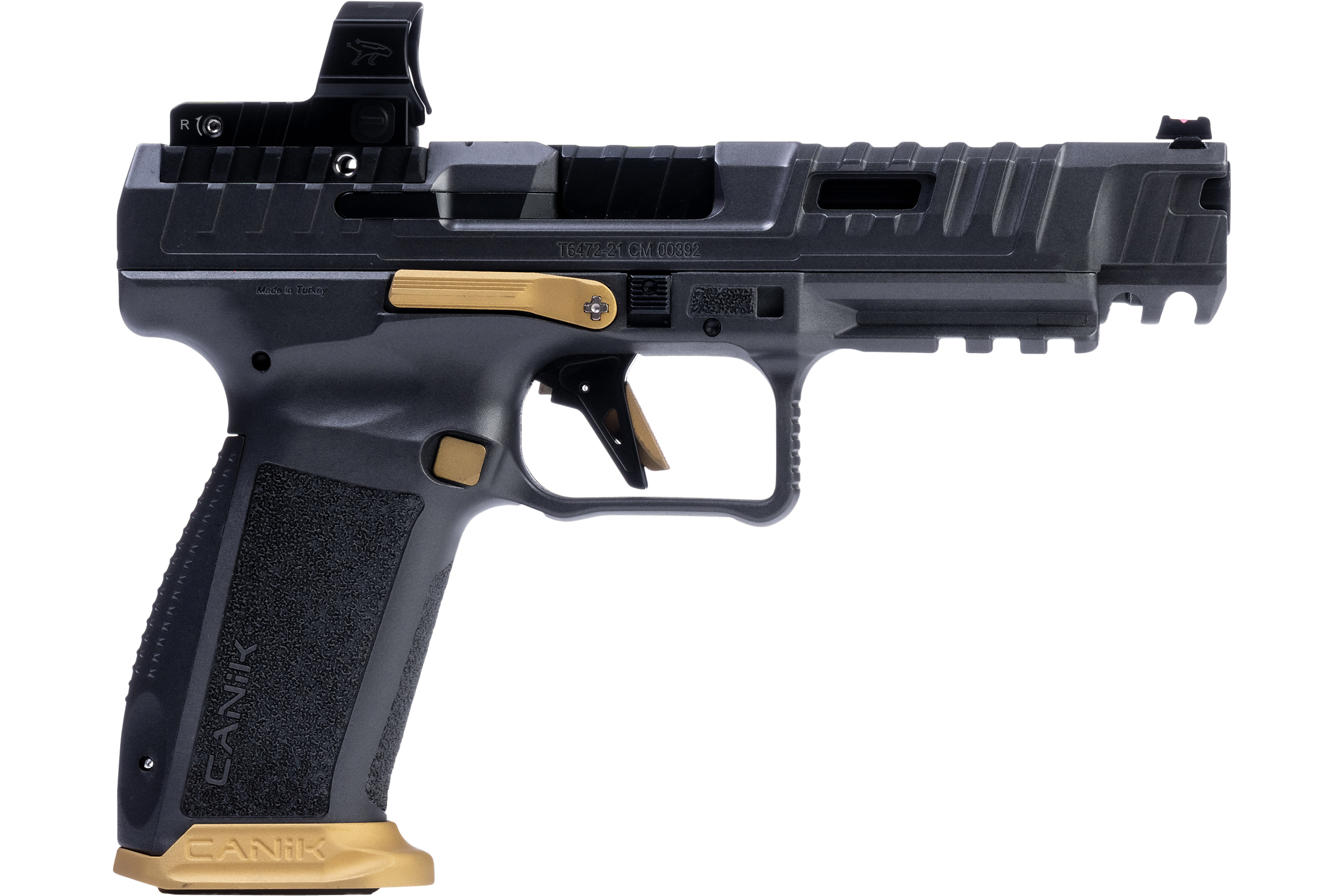 Canik SFX Rival Grey 9mm Semi-Auto Pistol W/ MeCanik MO2 Optic, 2- 18 Rd Mags, Rival Grey W / Cerakoted Gold Accents