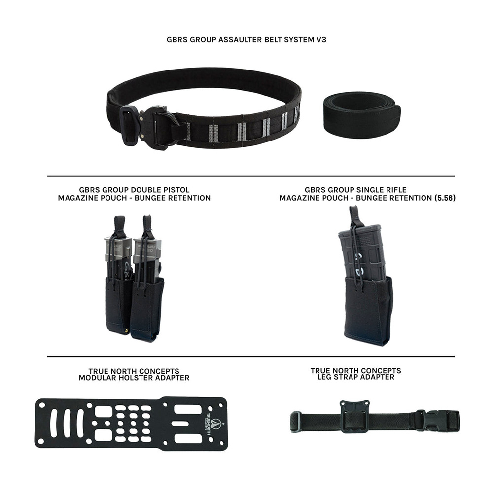GBRS Group Assaulter Belt Bundle - Includes  Inner/Outer Belt, 1 Rifle Mag Pouch, Double Pistol Mag Pouch, True North Concepts Adapter w/ Leg Strap - BLACK