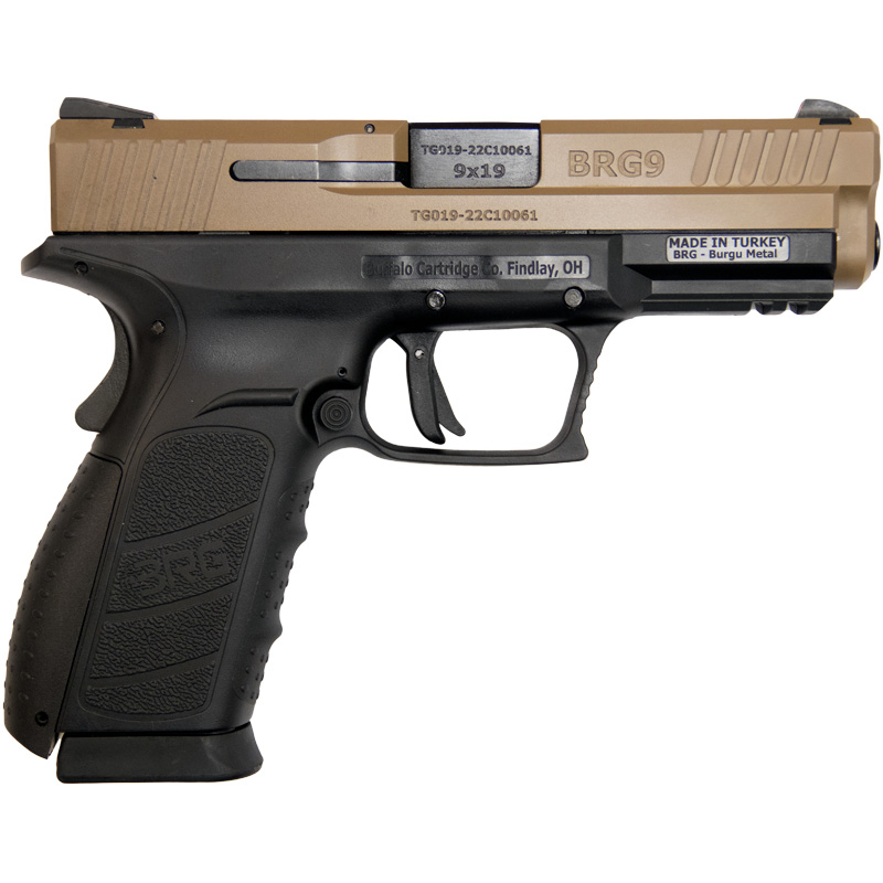 Buffalo Cartridge Co. 9MM Semi-Auto Pistol, BRG9 Elite 4" BBl, Grip Safety, Trigger Safety, Ambi Mag Release, 2-16 Rd Mags, Duo-Tone - Black/FDE