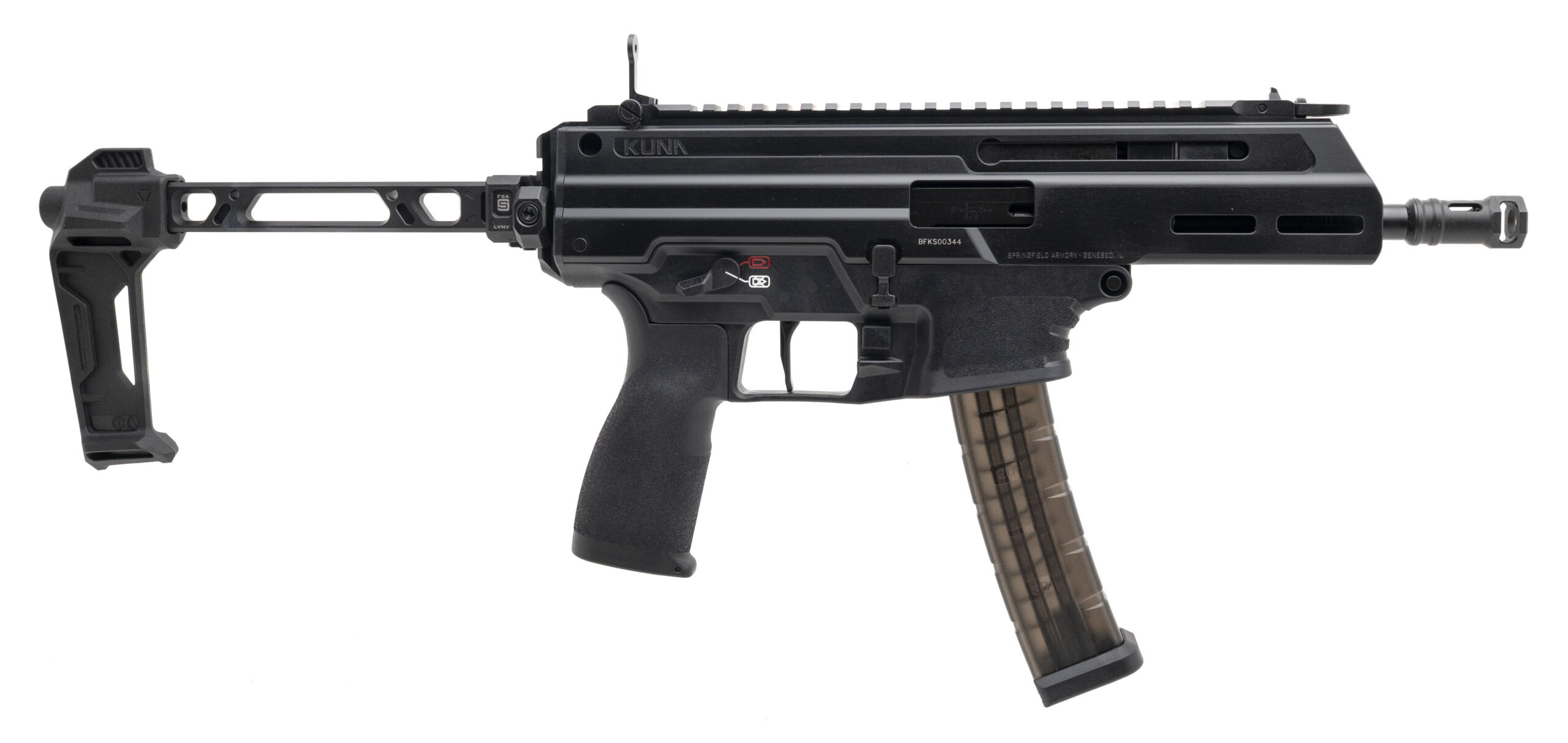 Springfield Armory Kuna 9mm Semi-Auto Pistol, Roller Delayed Blowback, w/ Strike Industries Folding Brace, Hybrid Flip Up Sights, (2) 30rd Magazines - KN9069B-FSA