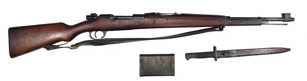 DWM 1904-39 Portuguese Contract 8mm Mauser Bolt Action Rifle with Bayonet, Sling and Cleaning Kit, 23.62" BBl, 5 Round, Fair to Good  Condition.