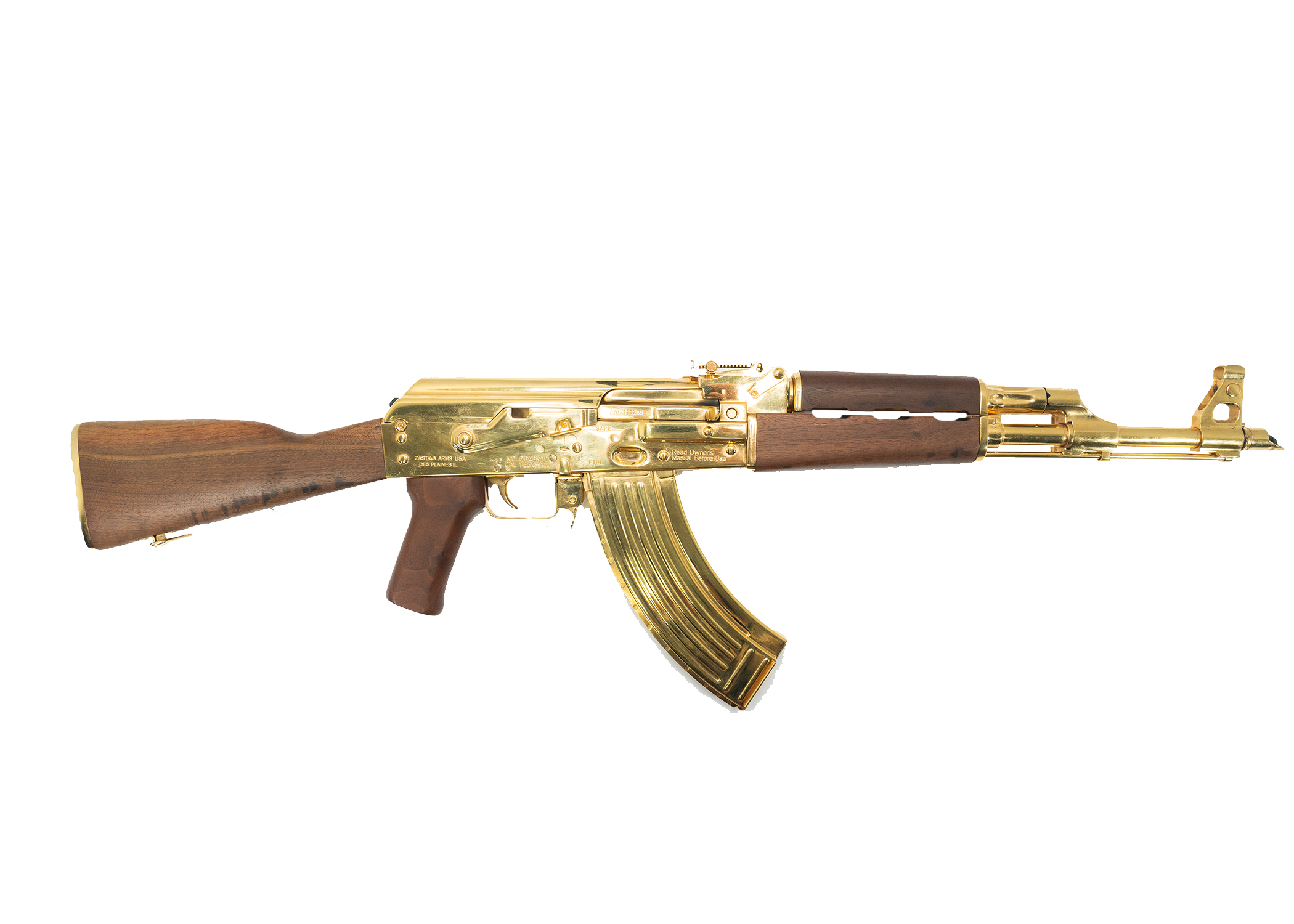 From Ben's Private Collection - Zastava Arms ZPAP M70 Gold Plated 7.62x39 16", 30rd Semi-Auto AK Rifle, Walnut Furniture - Excellent Used Condition.