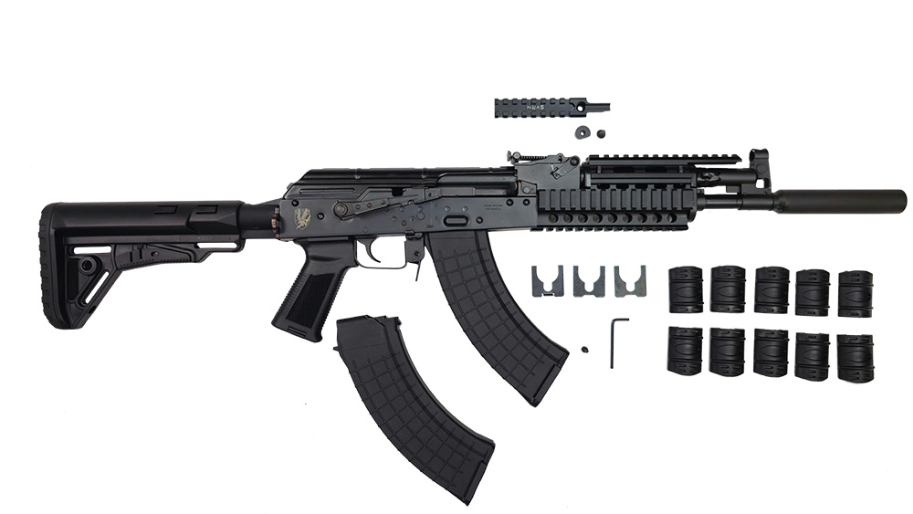 Pioneer Arms GROM Series Semi-Auto 7.62x39 AK-47 Style Rifle W/Quad Rail Handguard, Telescopic Stock & Faux Suppressor, 2- 30 Rd Mags, POL-AK-GROM-C-TS-R