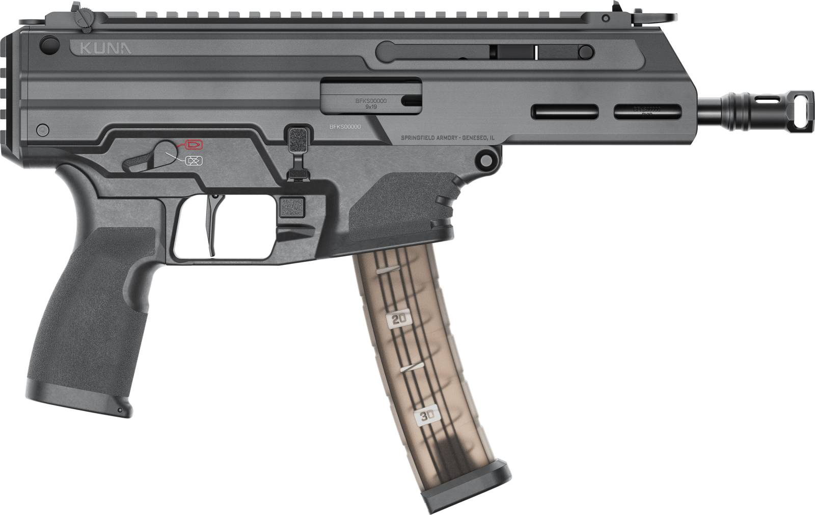 Springfield Armory Kuna 9mm Semi-Auto Pistol, Roller Delayed Blowback, 1913 Rear Mount, Hybrid Flip Up Sights, (2) 30rd Magazines - KN9069B