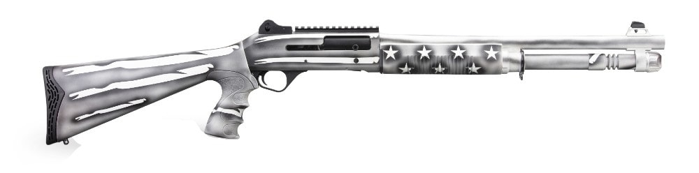 Panzer Arms M4 Tactical Semi-Automatic Shotgun 18.5" Barrel 12GA 3" 5 Round,Piston Driven, Black & White US Flag Design Cerakote Finish - M4TSBWUSFC