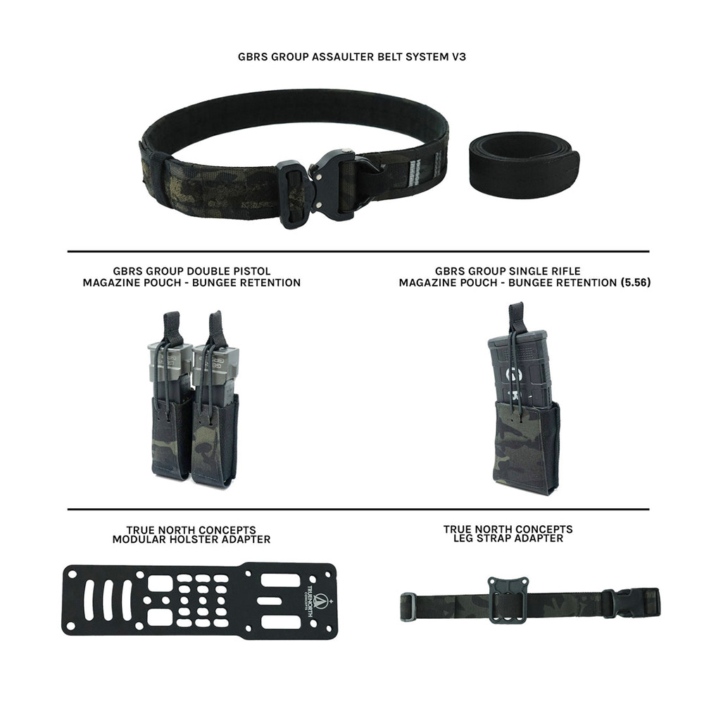 GBRS Group Assaulter Belt Bundle - Includes  Inner/Outer Belt, 1 Rifle Mag Pouch, Double Pistol Mag Pouch, True North Concepts Adapter w/ Leg Strap - MULTICAM BLACK