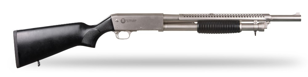 Panzer PA37 Pump Shotgun, 12 Ga,18.5 Bbl,5+1, Nickel Finish, Black Stained Walnut Stock & Birds Head Grip, Heat Shield, Choke Tubes - Ithaca 37 Clone