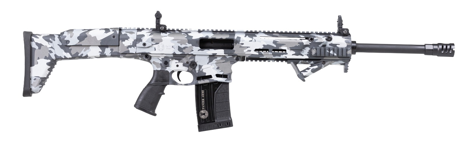 Panzer Arms-SCR XII Tactical Shotgun,12 Gauge, 18.5” Barrel, 5+1, 3", Adjustable Gas System, 2-5 Rd Mags, Flip Up Sights, Choke Tubes - Grey Multicam Cerakote