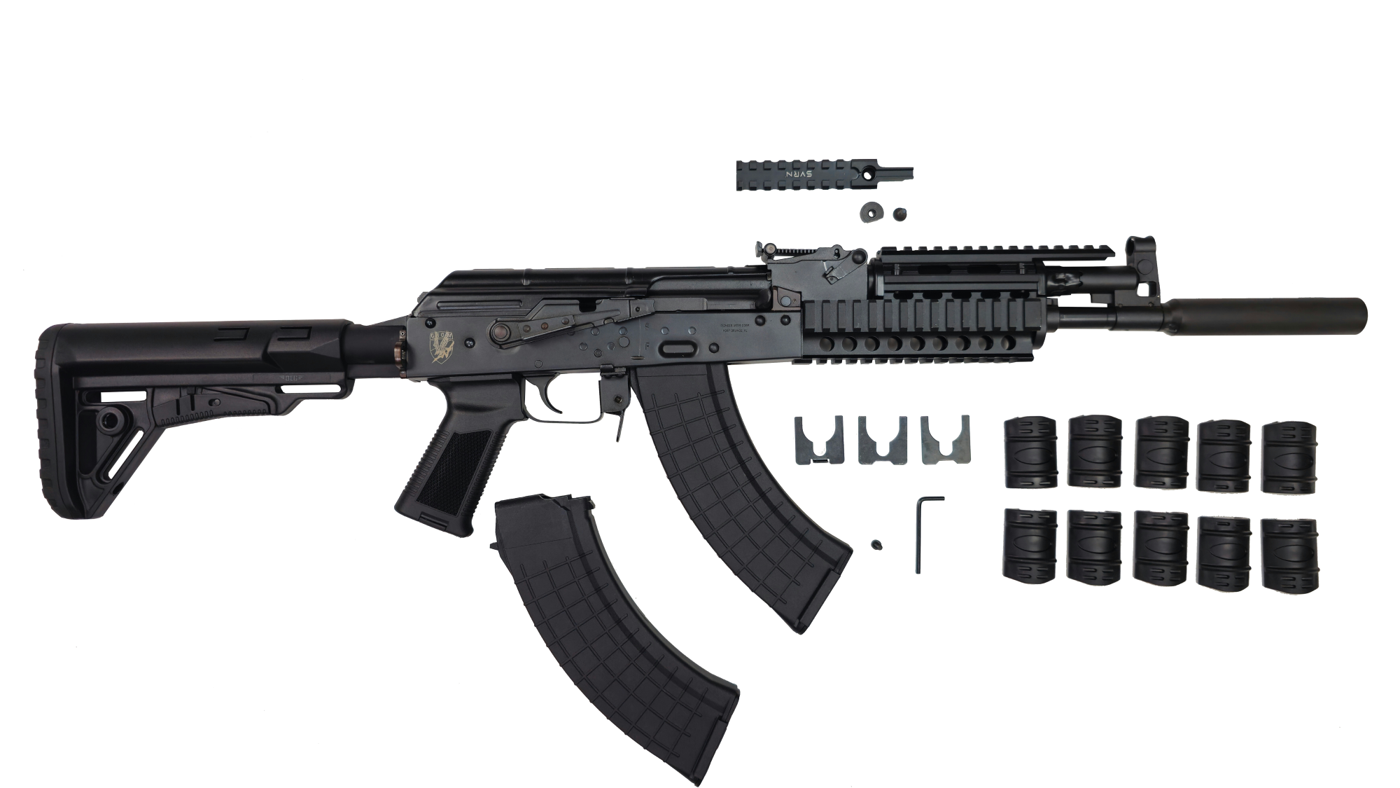 Pioneer Arms GROM Series Semi-Automatic 7.62x39mm AK-47 Style Rifle with Quad Rail Handguard & Telescopic Buttstock, Faux Suppressor, & 30 Round Magazine - POL-AK-GROM-FT-TS-R