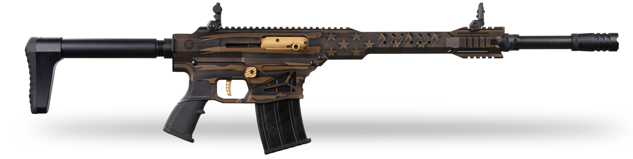 Panzer Arms MAG12 Tactical Semi-Auto Shotgun,12 Gauge,19.75" Bbl, Mag Fed, 3", 2-5 Rd Mags, Flip Up Sight,Choke Tubes, Black & Bronze US Flag Cerakote