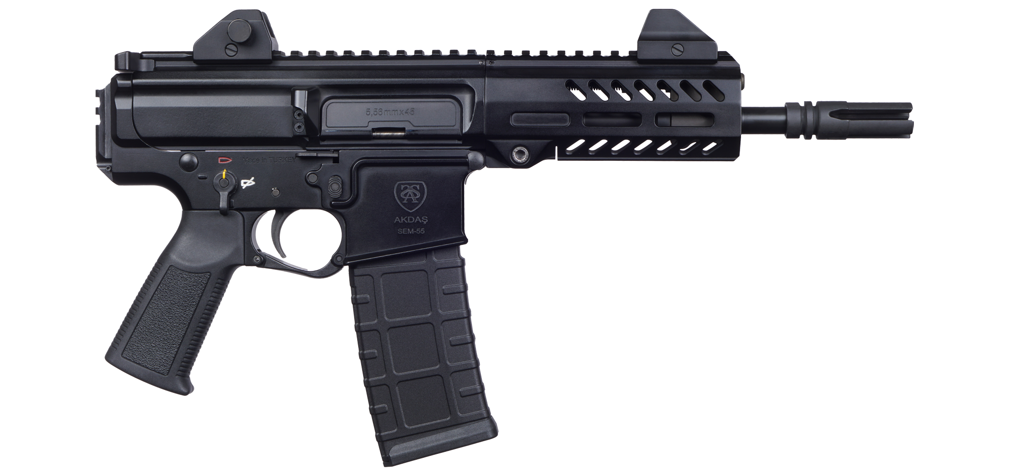 Akdas SEM-55 .223 / 5.56 NATO 10" Barrel 30rd Semi-Auto Pistol W/ Flip Up Sights, Compatible With AR-15 Grips & Trigger Groups